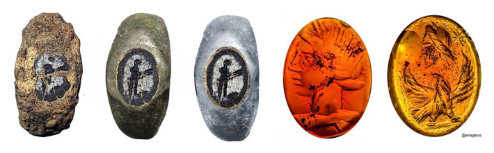 Group of Roman intaglios in various gemstones found at a Roman bath site near Hadrian's Wall.