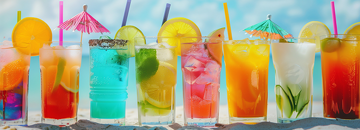 Summer Drinks with ice and tiny umbrellas.